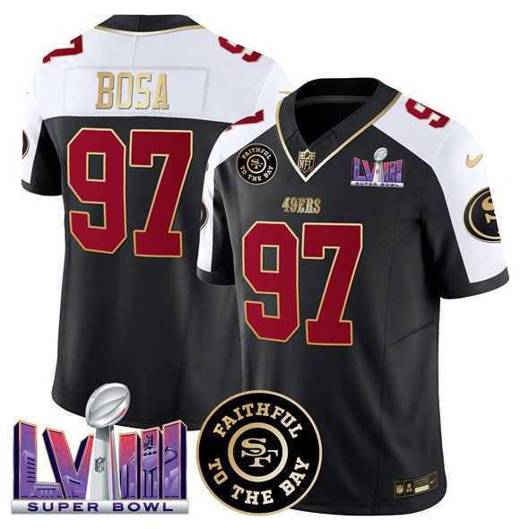 Black San Francisco 49ers #97 Nick Bosa Alternate 2025 F.U.S.E. Faithful & Super Bowl LVIII Patch Vapor Limited Stitched Football Jersey - SFR55