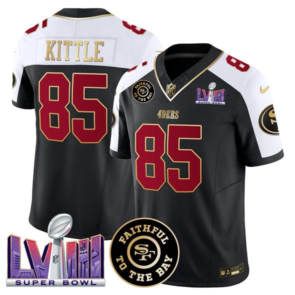 Black San Francisco 49ers #85 George kittle Alternate 2025 F.U.S.E. Faithful & Super Bowl LVIII Patch Vapor Limited Stitched Football Jersey - SFR09