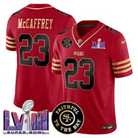 Red San Francisco 49ers #23 Christian Mccaffrey 2025 F.U.S.E. Faithful & Super Bowl LVIII Patch Vapor Limited Stitched Football Jersey - SFR07
