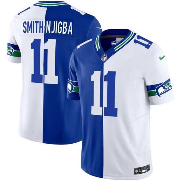 Royal/White Seattle Seahawks #11 Jaxon Smith-Njigba Split 2023 F.U.S.E. Throwback Vapor Limited Stitched Football Jersey