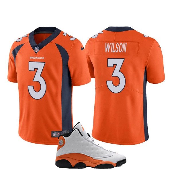 Orange Denver Broncos #3 Russell Wilson Vapor Limited Stitched Jersey+AJ13 Shoes