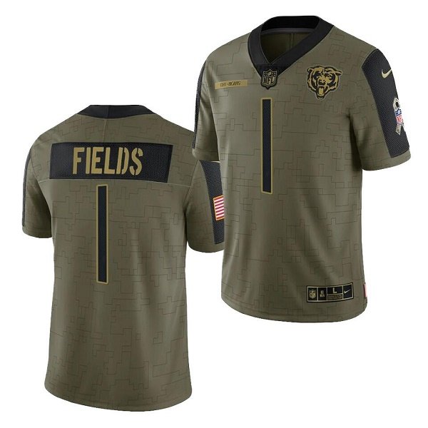Olive Chicago Bears #1 Justin Fields 2021 Salute To Service Limited Stitched Jersey - CBJ07