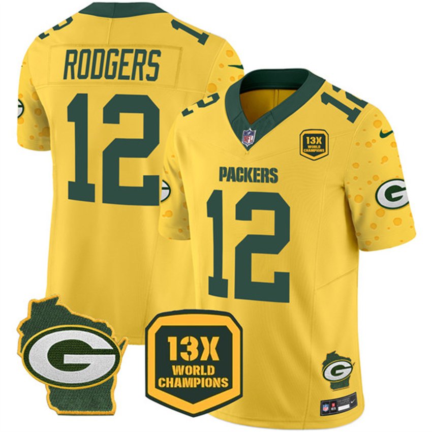 Cheese Gold Green Bay Packers #12 Aaron Rodgers 2024 F.U.S.E. 13 Time World Champions And Home Patch Vapor Untouchable Limited Stitched Football Jersey - GBJ261
