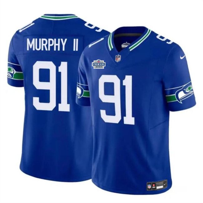 Royal Seattle Seahawks #91 Byron Murphy II 2024 With Dradt Patch F.U.S.E Throwback Vapor Limited Stitched Football Jersey