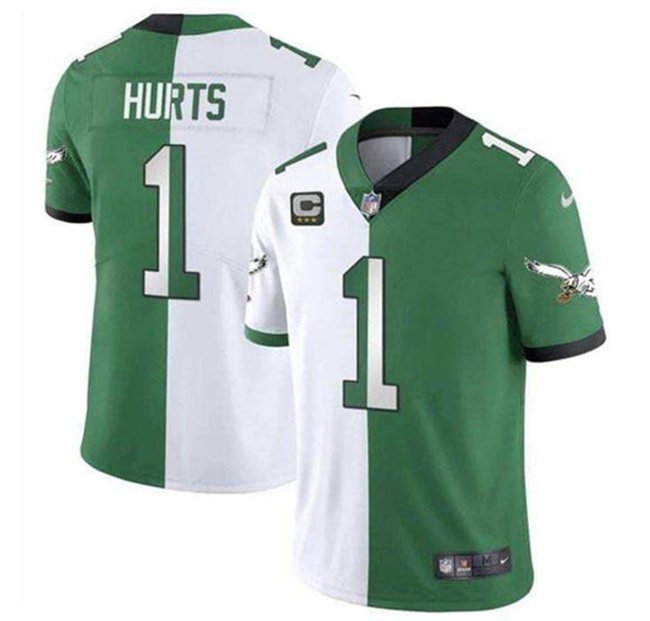 Green/White Philadelphia Eagles #1 Jalen Hurts Split 2025 With 3-Star C Patch Vapor Limited Stitched Football Jersey - PEL195