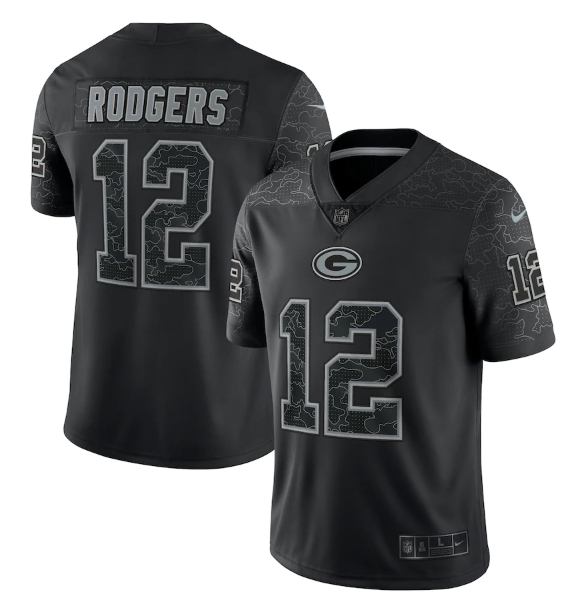 Black Green Bay Packers #12 Aaron Rodgers Reflective Limited Stitched Football Jersey - GBJ468