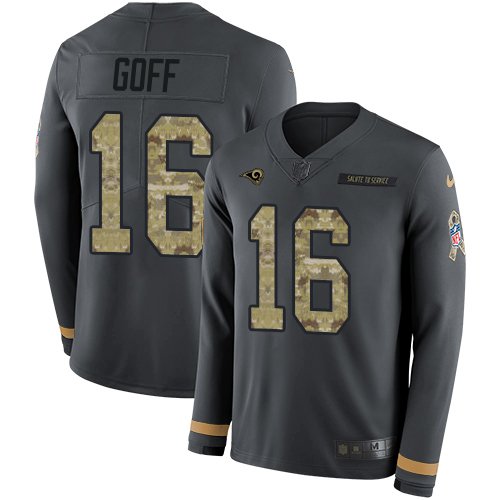 Nike Rams #16 Jared Goff Anthracite Salute to Service Stitched NFL Limited Therma Long Sleeve Jersey - LAR27