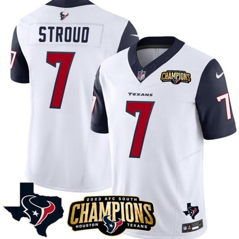 White/Navy Houston Texans #7 C.J. Stroud 2023 F.U.S.E. AFC South Champions Patch And Team Logo Patch Vapor Untouchable Limited Stitched Football Jersey - HTJ02