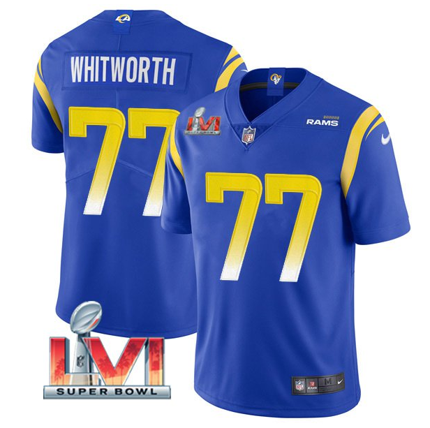 Royal Los Angeles Rams #77 Andrew Whitworth 2022 Super Bowl LVI Vapor Limited Stitched Jersey - LAR570