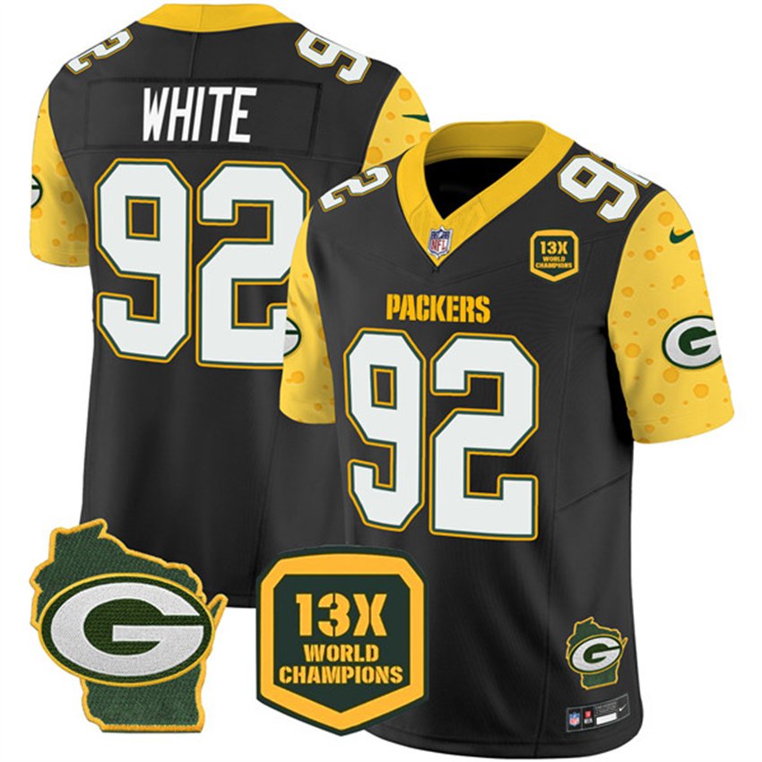 Cheese Black Green Bay Packers #92 Reggie White 2024 F.U.S.E. 13 Time World Champions And Home Patch Vapor Untouchable Limited Stitched Football Jersey - GBJ533