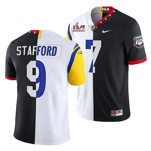 Black/White Los Angeles Rams X Georgia Bulldogs #9 Matthew Stafford Split Super Bowl LVI Stitched Jersey - LAR295
