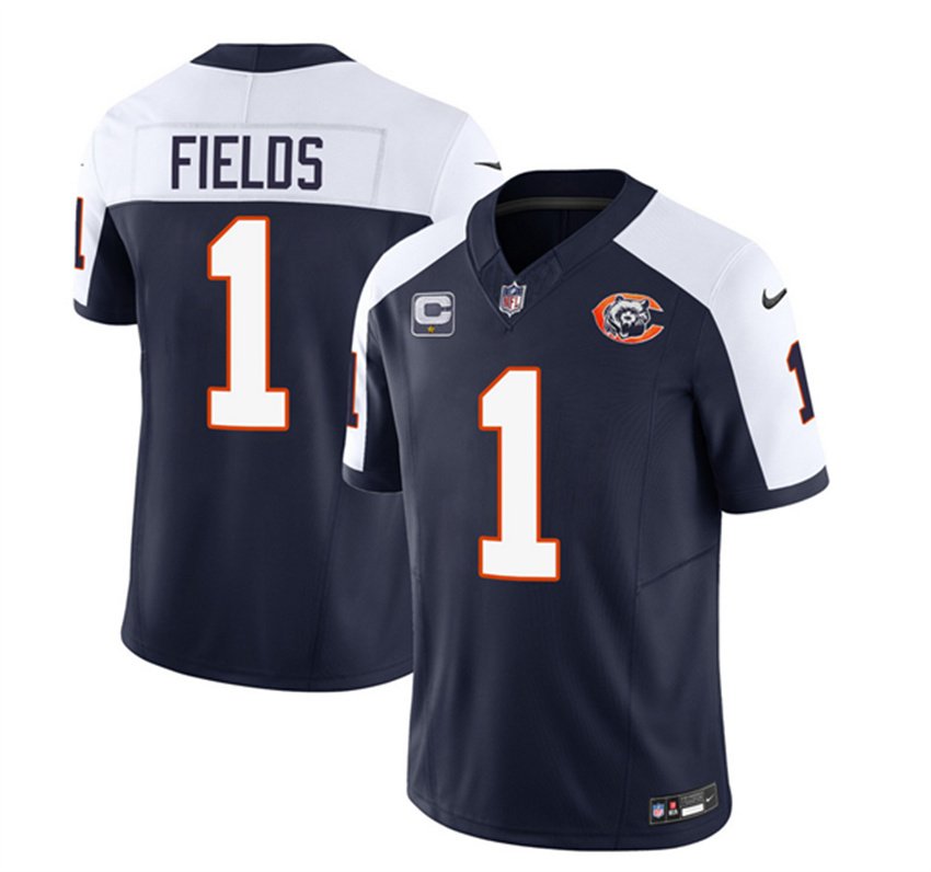 Navy/White Chicago Bears #1 Justin Fields 2023 F.U.S.E. With 1-Star C Patch Throwback Limited Stitched Football Jersey - CBJ43