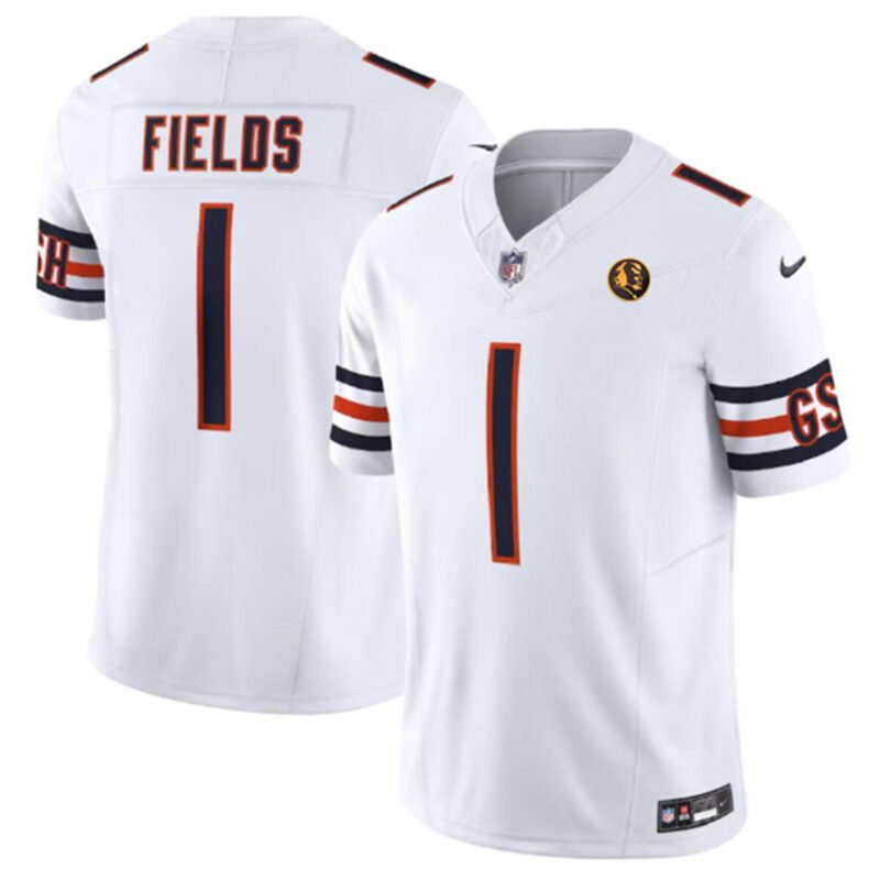 White Chicago Bears #1 Justin Fields 2023 F.U.S.E. With John Madden Patch Vapor Limited Stitched Football Jersey - CBJ441