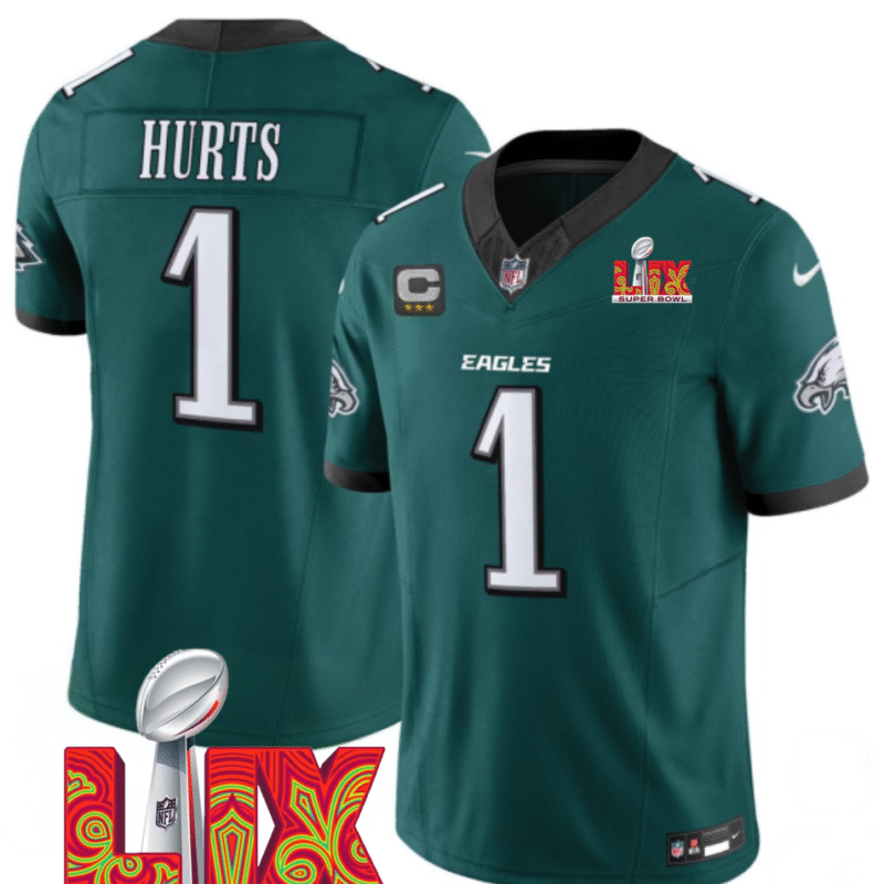 Green Philadelphia Eagles #1 Jalen Hurts 2025 Super Bowl LIX Patch F.U.S.E. Vapor Limited Stitched Football Jersey - PEL110