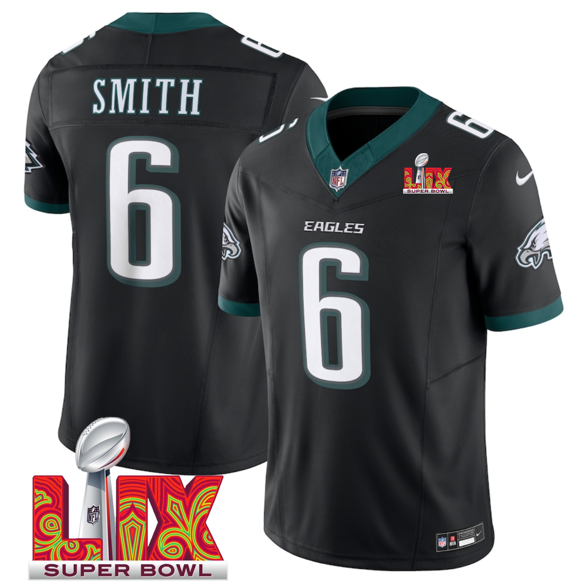 Black Philadelphia Eagles #6 DeVonta Smith 2025 Super Bowl LIX Patch F.U.S.E. Vapor Limited Stitched Football Jersey - PEL61
