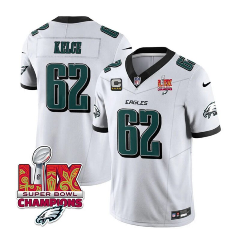 White Philadelphia Eagles #62 Jason Kelce 2025 Eagles Logo Super Bowl LIX Patch And 4-Star C Patch New F.U.S.E. Vapor Limited Stitched Football Jersey - PEL19