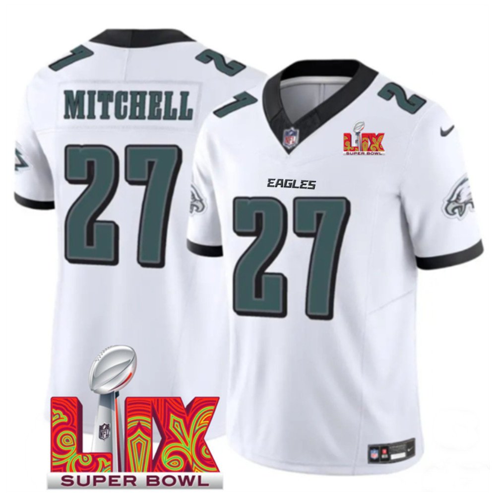 White Philadelphia Eagles #27 Quinyon Mitchell 2025 Super Bowl LIX Patch F.U.S.E. Vapor Limited Stitched Football Jersey - PEL251