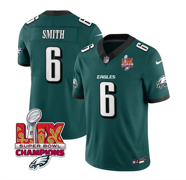 Green Philadelphia Eagles #6 DeVonta Smith 2025 Eagles Logo Super Bowl LIX Patch New F.U.S.E. Vapor Limited Stitched Football Jersey - PEL185