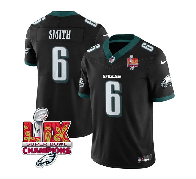 Black Philadelphia Eagles #6 DeVonta Smith 2025 Eagles Logo Super Bowl LIX Patch New F.U.S.E. Vapor Limited Stitched Football Jersey - PEL34