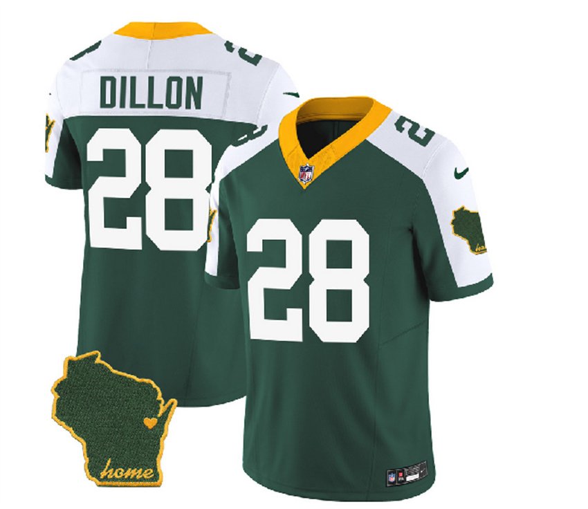 Green/White Green Bay Packers #28 A.J. Dillon 2023 F.U.S.E. Home Patch Vapor Untouchable Limited Stitched Jersey - GBJ326