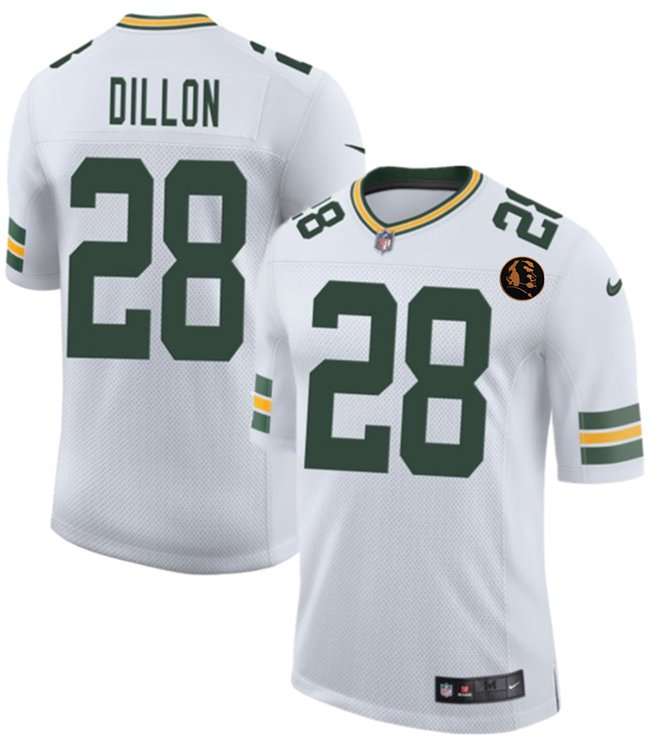 White Green Bay Packers #28 A. J. Dillon 2025 New With John Madden Patch Vapor Untouchable Limited Stitched Football Jersey - GBJ458