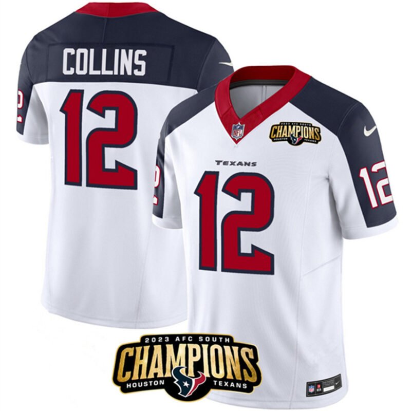 White/NavyHouston Texans #12 Nico Collins  2023 F.U.S.E. AFC South Champions Patch Limited Stitched Football Jersey - HTJ13