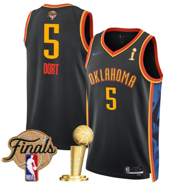 Black Oklahoma City Thunder #5 Luguentz Dort 2025 Finals Patch And Finals Champions Patch City Edition Stitched Basketball Jersey - OKC22