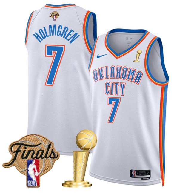 White Oklahoma City Thunder #7 Chet Holmgren 2025 Finals Patch And Finals Champions Patch Association Edition Stitched Basketball Jersey - OKC61