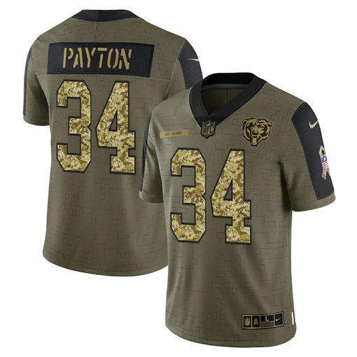 Olive Chicago Bears #34 Walter Payton 2021 Camo Salute To Service Limited Stitched Jersey - CBJ473