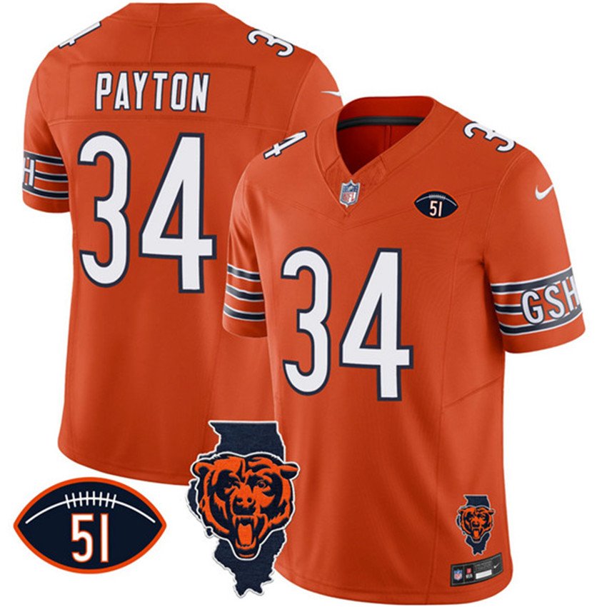 Orange Chicago Bears #34 Walter Payton F.U.S.E. With Illinois and No. 51 Patch Stitched Football Jersey - CBJ149