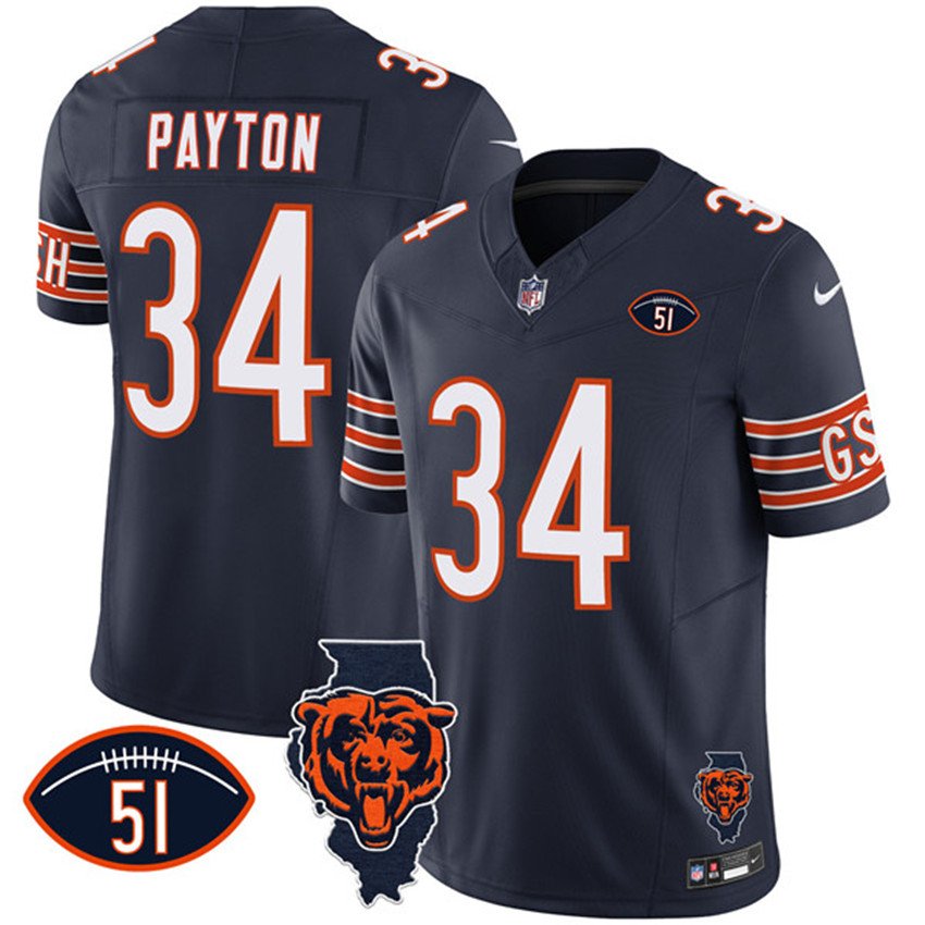 Navy Chicago Bears #34 Walter Payton F.U.S.E. With Illinois and No. 51 Patch Stitched Football Jersey - CBJ263