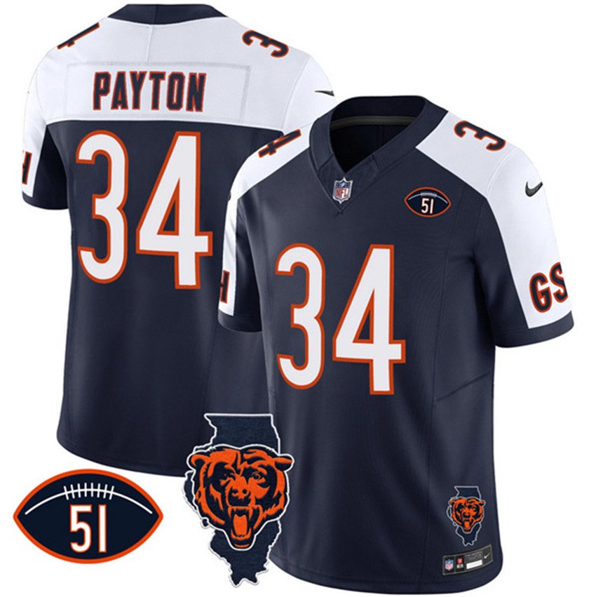Navy/White Chicago Bears #34 Walter Payton F.U.S.E. With Illinois and No. 51 Patch Stitched Football Jersey - CBJ317