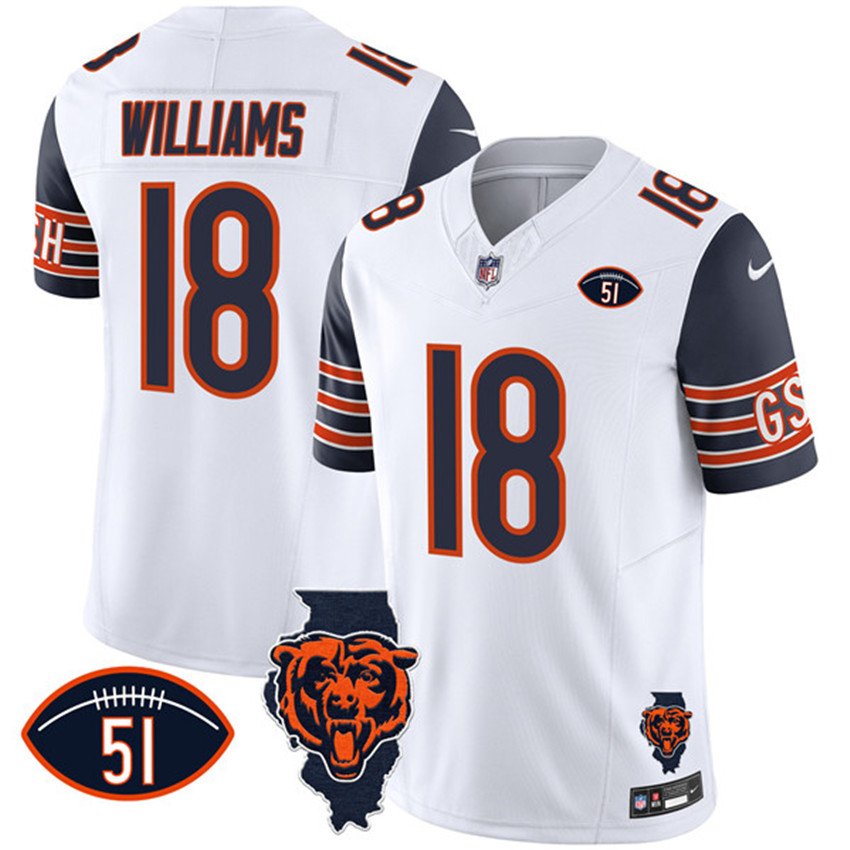 White/Navy Chicago Bears #18 Caleb Williams F.U.S.E. With Illinois and No. 51 Patch Stitched Football Jersey - CBJ132