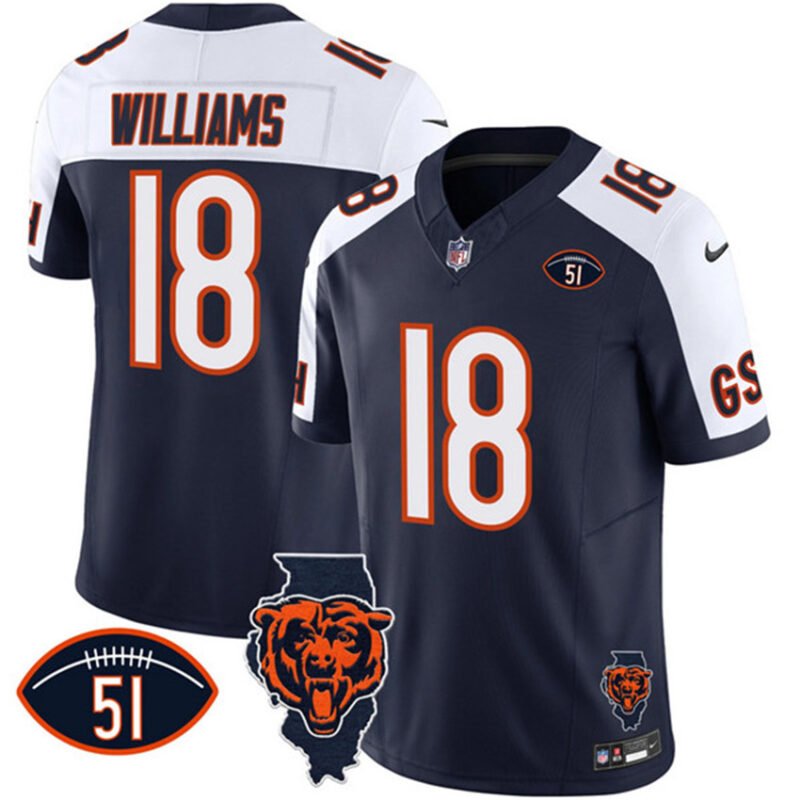 Navy/White Chicago Bears #18 Caleb Williams F.U.S.E. With Illinois and No. 51 Patch Stitched Football Jersey - CBJ321