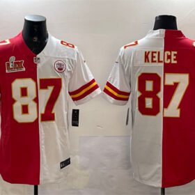 Red & White Kansas City Chiefs #87 Travis Kelce Split 2025 Super Bowl LIX Patch Vapor Limited Stitched Football Jersey - KCJ96