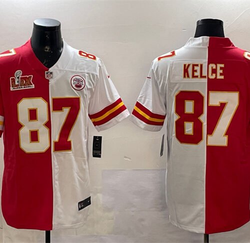 Red & White Kansas City Chiefs #87 Travis Kelce Split 2025 Super Bowl LIX Patch Vapor Limited Stitched Football Jersey - KCJ96
