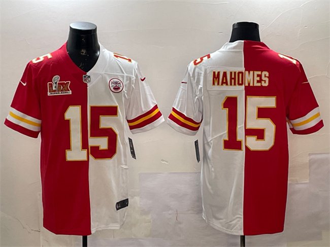 Red & White Kansas City Chiefs #15 Patrick Mahomes Split 2025 Super Bowl LIX Patch Vapor Limited Stitched Football Jersey - KCJ36