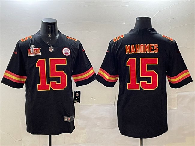 Black Kansas City Chiefs #15 Patrick Mahomes 2025 Super Bowl LIX Patch Vapor Untouchable Limited Stitched Football Jersey - KCJ64