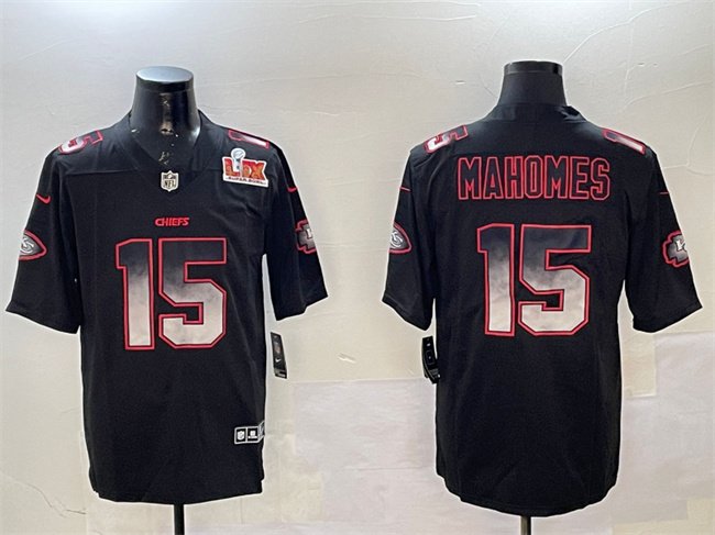 Black Kansas City Chiefs #15 Patrick Mahomes 2025 Super Bowl LIX Patch Smoke Fashion Vapor Limited Stitched Football Jersey - KCJ08