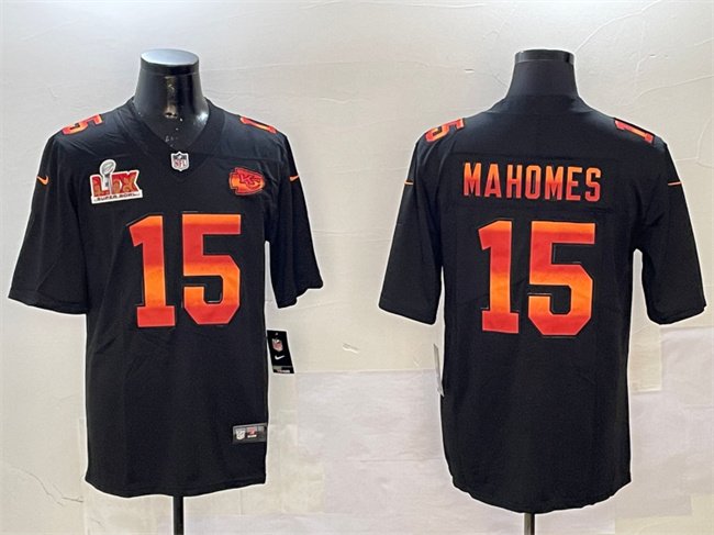 Black Kansas City Chiefs #15 Patrick Mahomes 2025 Super Bowl LIX Patch Fashion Vapor Limited Stitched Football Jersey - KCJ65