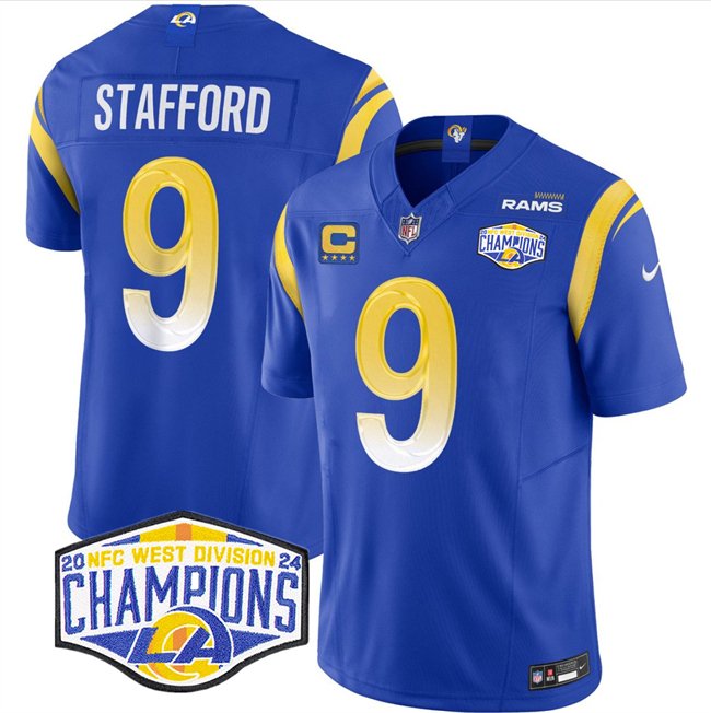 Blue Los Angeles Rams #9 Matthew Stafford 2024 NFC West Champions With 4-Star C Patch F.U.S.E. Vapor Untouchable Stitched Football Jersey - LAR191