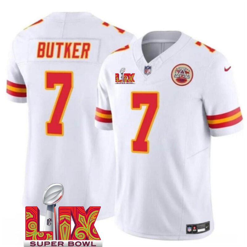 White Kansas City Chiefs #7 Harrison Butker 2025 Super Bowl LIX Patch F.U.S.E. Vapor Limited Stitched Football Jersey - KCJ79
