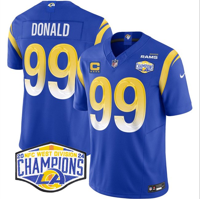 Blue Los Angeles Rams #99 Aaron Donald 2024 NFC West Champions With 4-Star C Patch F.U.S.E. Vapor Untouchable Stitched Football Jersey - LAR552