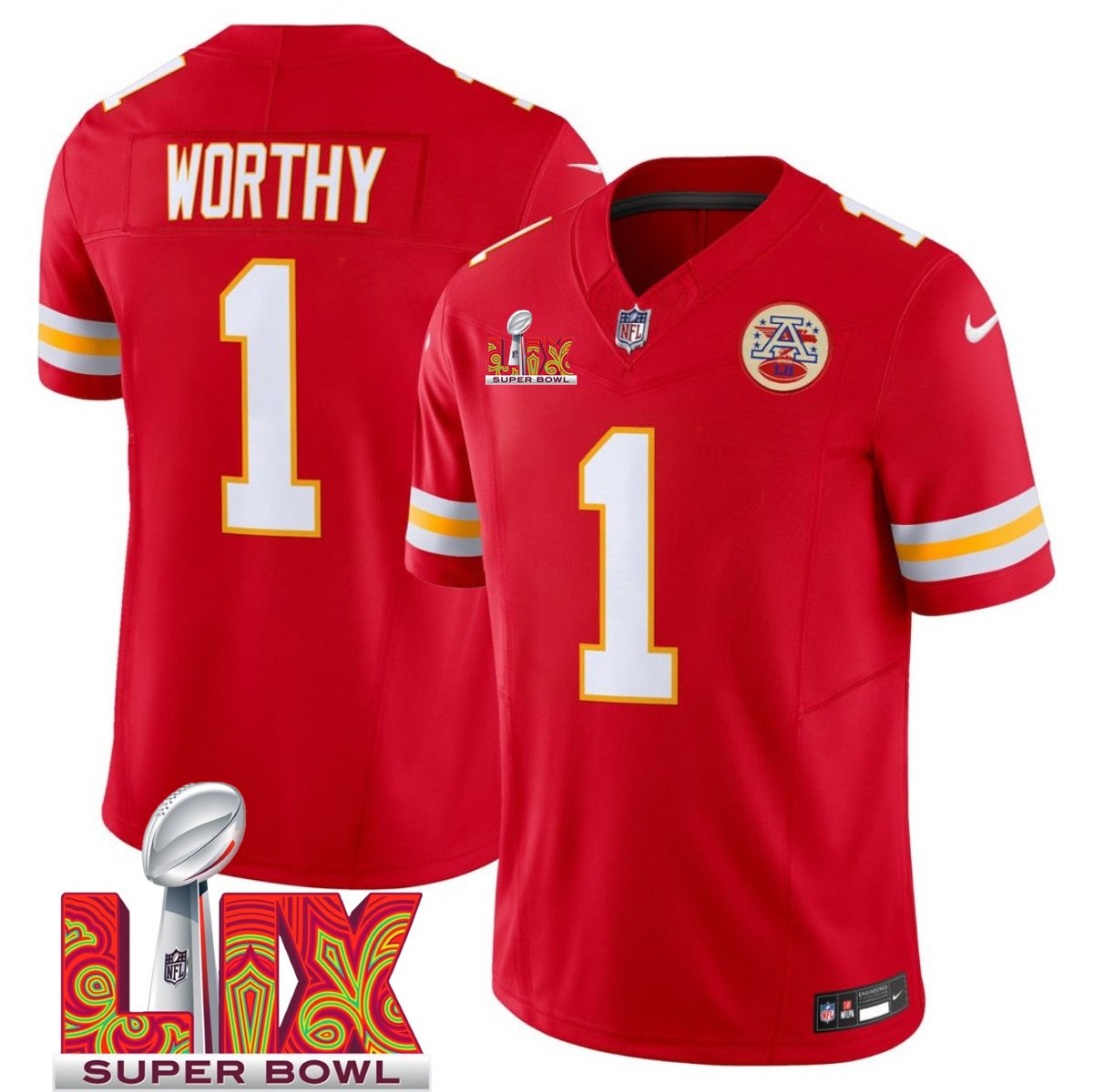 Red Kansas City Chiefs #1 Xavier Worthy 2025 Super Bowl LIX Patch F.U.S.E. Vapor Limited Stitched Football Jersey - KCJ75