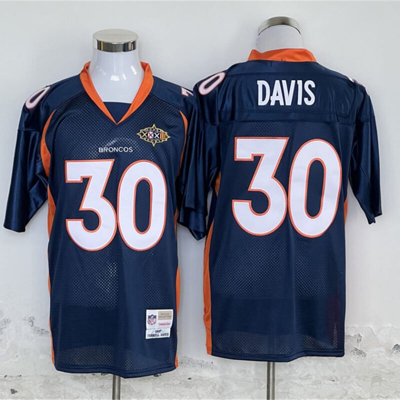 Navy Denver Broncos #30 Terrell Davis Throwback Stitched Football Jersey