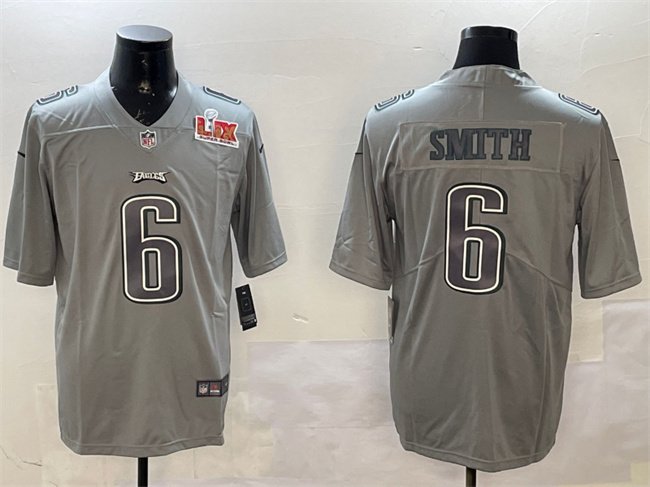 Grey Philadelphia Eagles #6 DeVonta Smith 2025 Super Bowl LIX Patch Atmosphere Fashion Vapor Untouchable Limited Stitched Football Jersey - PEL114