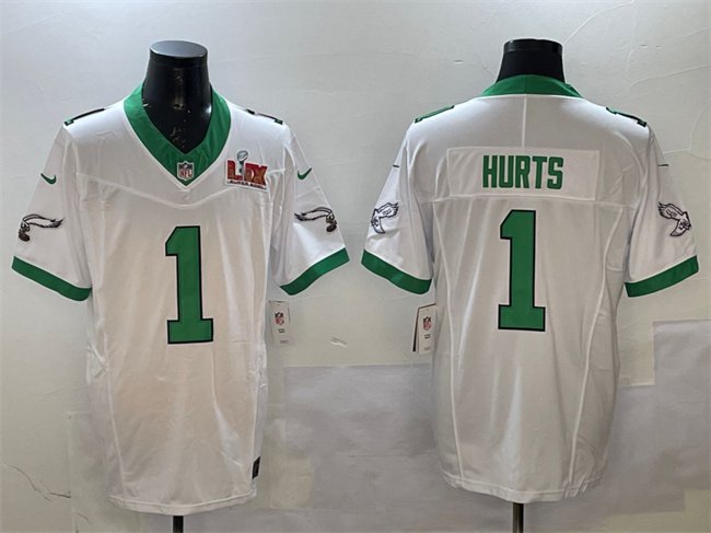 White Philadelphia Eagles #1 Jalen Hurts 2025 Super Bowl LIX Patch F.U.S.E. Vapor Untouchable Limited Stitched Football Jersey - PEL145