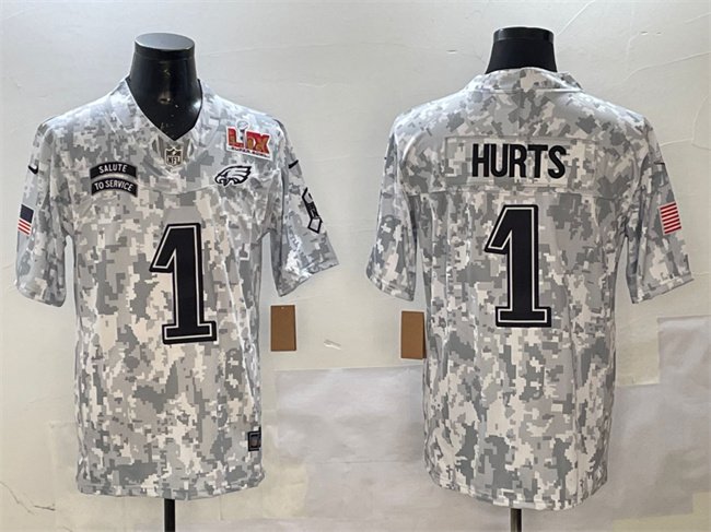 Arctic Camo Philadelphia Eagles #1 Jalen Hurts 2025 Super Bowl LIX Patch F.U.S.E Salute to Service Limited Stitched Football Jersey - PEL208