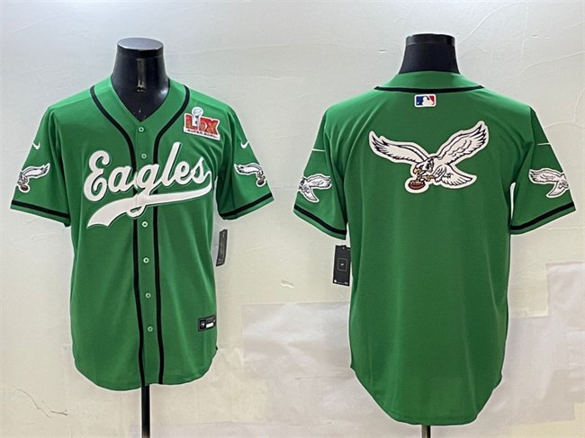 Green Philadelphia Eagles Team Big Logo 2025 Super Bowl LIX Patch Stitched Baseball Jersey - PEL41