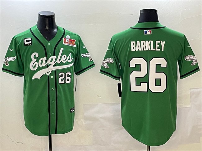 Green Philadelphia Eagles #26 Saquon Barkley 2025 Super Bowl LIX And 3-Star C Patch Stitched Baseball Jersey - PEL147